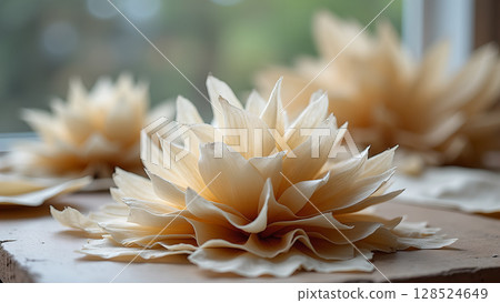 Elegant floral arrangement featuring handmade paper flowers with delicate petals and blurred background evoking natural beauty Elegant floral arrangement featuring handmade paper flowers with delicate petals and blurred background evoking natural beauty 128524649