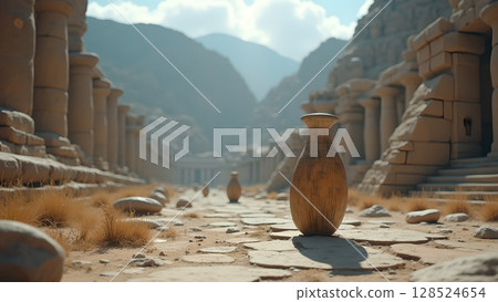 Ancient desert city vista showcasing historical pottery vases and impressive rock cut architecture monuments 128524654