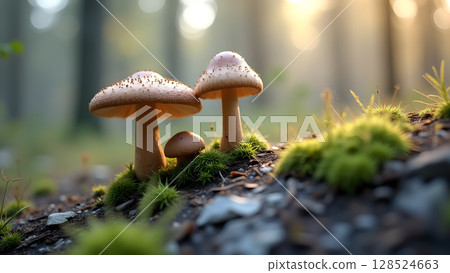Enchanting mushroom family in a sun-drenched forest creates a magical, ethereal atmosphere filled with wonder and delight 128524663