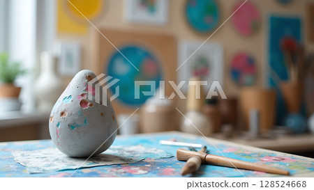 Artistic still life featuring a handcrafted clay sculpture a paint covered table with brushes and vibrant artworks Artistic still life featuring a handcrafted clay sculpture a paint covered table with brushes and vibrant artworks 128524668