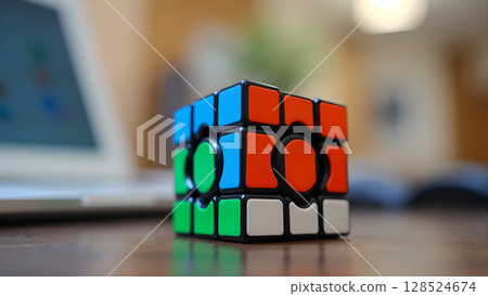Close up shot showcasing a colorful speed cube featuring blue, green, orange, and white colors Close up shot showcasing a colorful speed cube featuring blue, green, orange, and white colors 128524674