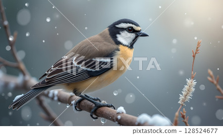 A charming golden crowned sparrow perched on a snowy branch during a gentle winter snowfall scene 128524677