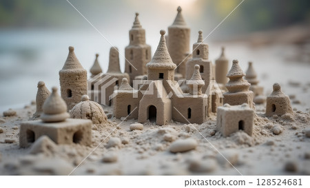 Intricate sandcastle on the beach showcases architectural details and summer seaside creativity and playful imagination 128524681