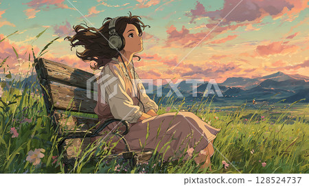 一位女士在大自然中欣賞音樂,頭髮隨風飄揚 一位女士在大自然中欣賞音樂,頭髮隨風飄揚 128524737