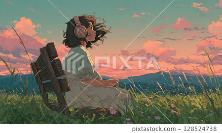 日落時分,一位女士在草地上休息,聽音樂 日落時分,一位女士在草地上休息,聽音樂 128524738