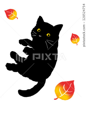 Illustration of a cute black cat playing among autumn leaves 128524754