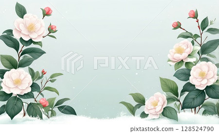 A plant frame with winter camellia flowers | Add text on a white background A plant frame with winter camellia flowers | Add text on a white background 128524790