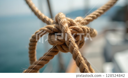 Detailed view of a complex knot made from natural rope with the sea background bringing a nautical theme 128524842