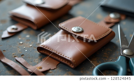 Close-up brown leather wallets and accessories handmade craftsmanship creates stylish accessories for fashionable people Close-up brown leather wallets and accessories handmade craftsmanship creates stylish accessories for fashionable people 128524845
