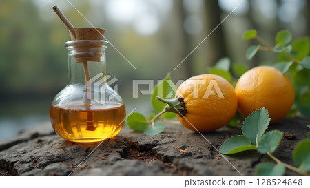 The organic orange elixir in a glass bottle represents natural health wellness and vitality concept The organic orange elixir in a glass bottle represents natural health wellness and vitality concept 128524848