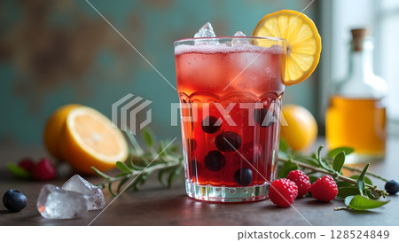 Refreshing summer mixed berry cocktail drink garnished with lemon offers a delightful beverage experience Refreshing summer mixed berry cocktail drink garnished with lemon offers a delightful beverage experience 128524849