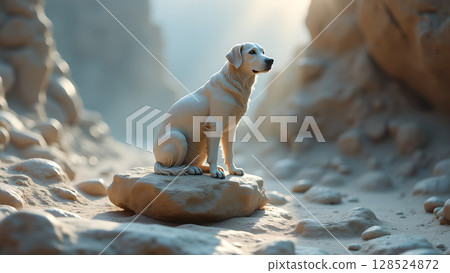 Majestic labrador retriever sitting on a rock in a canyon landscape enjoying the breathtaking scenic view Majestic labrador retriever sitting on a rock in a canyon landscape enjoying the breathtaking scenic view 128524872