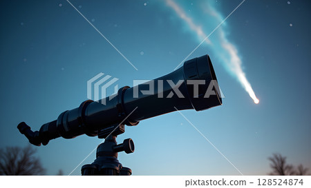 Telescope points toward the night sky observing an astral phenomenon like a comet or meteor shower observation 128524874