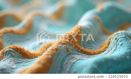 Abstract textured background with blue waves and orange sand creating a dreamy landscape illustration 128525015