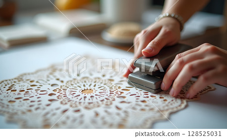 Creating intricate lace designs using a hole puncher in a craft project close up view hands Creating intricate lace designs using a hole puncher in a craft project close up view hands 128525031