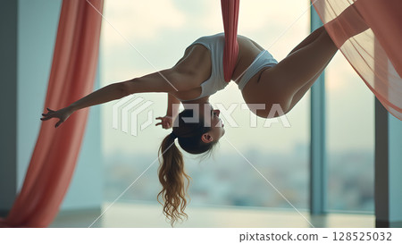 Woman gracefully inverting performing aerial yoga in front of large windows overlooking the city skyline creates serenity Woman gracefully inverting performing aerial yoga in front of large windows overlooking the city skyline creates serenity 128525032