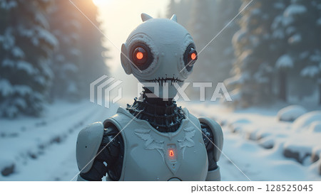 A futuristic robot stands guard on a snowy path amid a winter wonderland landscape and forest scenery A futuristic robot stands guard on a snowy path amid a winter wonderland landscape and forest scenery 128525045