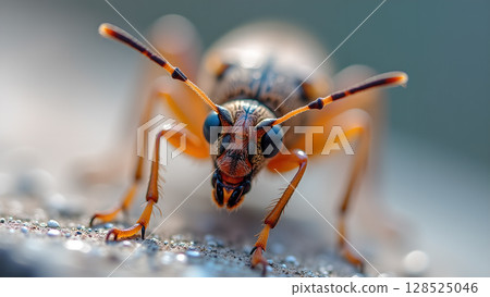 Intricate portrait of a longhorn beetle showcasing detailed anatomy and vibrant colors, set against bokeh backdrop Intricate portrait of a longhorn beetle showcasing detailed anatomy and vibrant colors, set against bokeh backdrop 128525046