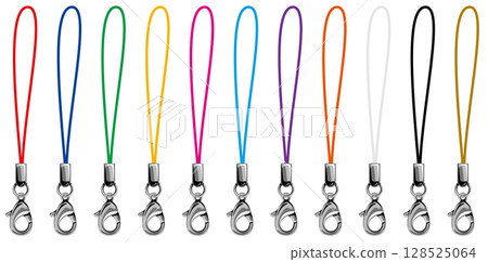 Vector illustration of silver metal fittings for mobile phone pine needle strap with lobster clasp, color variation set 128525064