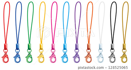 Vector illustration of colorful metal fittings for mobile phone pine needle straps with lobster clasp, color variation set 128525065