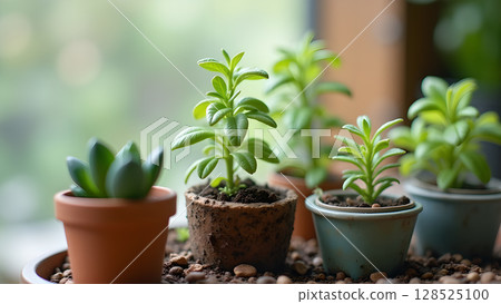 Assortment of small potted plants arranged on a surface near a blurred background showcasing greenery Assortment of small potted plants arranged on a surface near a blurred background showcasing greenery 128525100