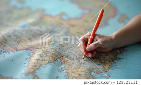Planning a journey: orange pen marking destination on world map for travel adventures Planning a journey: orange pen marking destination on world map for travel adventures 128525111