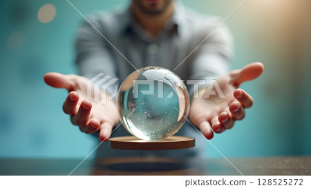 A man holding a crystal ball with open hands, envisioning the future with clarity and foresight A man holding a crystal ball with open hands, envisioning the future with clarity and foresight 128525272