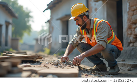 Dedicated construction worker meticulously preparing a site by hand selecting stones, building a strong foundation 128525273