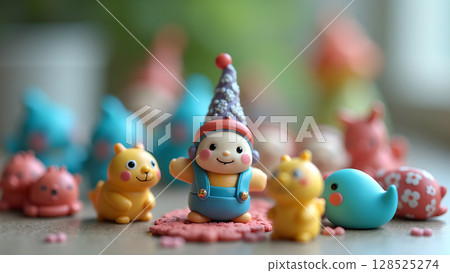 Whimsical group of colorful miniature toys featuring a smiling gnome and animal figures Whimsical group of colorful miniature toys featuring a smiling gnome and animal figures 128525274
