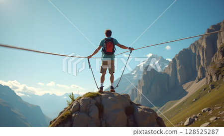 A daring hiker traverses a high mountain slackline with snowy peaks in the distance and bright blue sky A daring hiker traverses a high mountain slackline with snowy peaks in the distance and bright blue sky 128525287