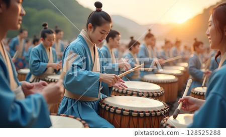 A captivating display of traditional asian drumming performance with coordinated rhythms and movements creating cultural harmony A captivating display of traditional asian drumming performance with coordinated rhythms and movements creating cultural harmony 128525288