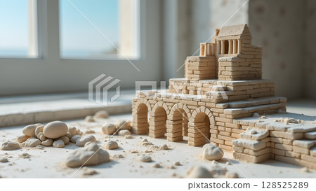 Miniature ancient temple crafted from sand bricks and stones, a testament to architectural marvels miniature Miniature ancient temple crafted from sand bricks and stones, a testament to architectural marvels miniature 128525289