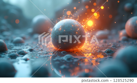 Mystical glowing sphere resting on a reflective surface amidst soft ethereal light creates abstract beauty Mystical glowing sphere resting on a reflective surface amidst soft ethereal light creates abstract beauty 128525290
