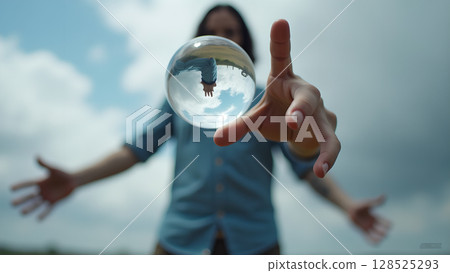 Capturing ethereal moments a person holding a crystal ball reflecting the expansive sky above with clouds showing 128525293