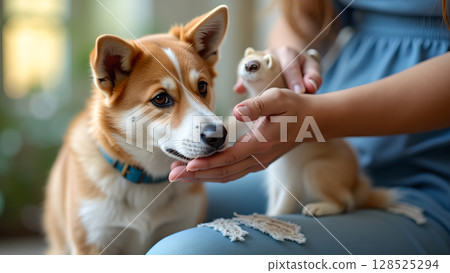 Affectionate bond shown by woman petting a ferret while her dog watches with interest and curiosity 128525294