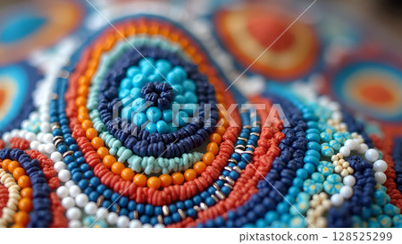 Detailed beadwork of a colorful textured surface creates a visually captivating experience, showcasing intricate artistic expression Detailed beadwork of a colorful textured surface creates a visually captivating experience, showcasing intricate artistic expression 128525299