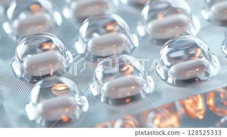 Closeup of Transparent Blister Pack for Pills. White Tablets 128525333