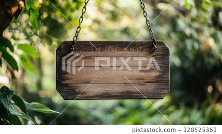 Wooden Sign Hanging on Chains Outdoors Carved Wooden Plaque with Space for Text Wooden Sign Hanging on Chains Outdoors Carved Wooden Plaque with Space for Text 128525361
