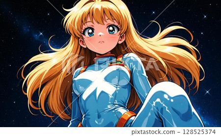 Cute Blonde Anime Girl in Blue Space Suit, Stargazing 128525374