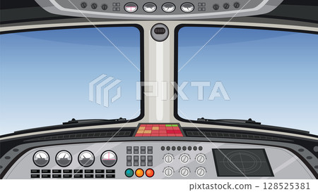 Airplane Cockpit View with Control Panel Illustration Airplane Cockpit View with Control Panel Illustration 128525381