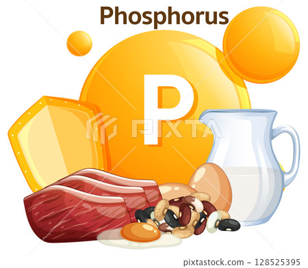 Phosphorus Rich Foods Vector Illustration with Dairy and Meat 128525395
