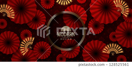 Exquisite dark red card with Chinese fan and isolated figured frame 128525561
