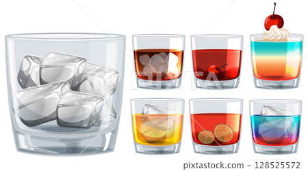 Colorful Cocktail Glasses with Ice and Garnishes 128525572
