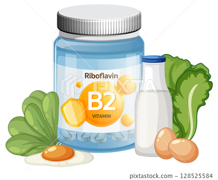 Vitamin B2 Supplement with Natural Food Sources Illustration Vitamin B2 Supplement with Natural Food Sources Illustration 128525584