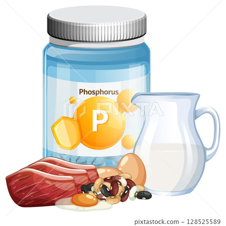 Phosphorus Supplement Bottle with Food Sources Illustration 128525589