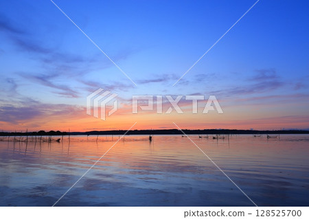 Asahi reflected on the surface of the water 128525700