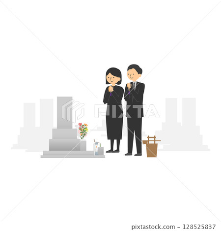 Illustration of a man and woman visiting a grave Illustration of a man and woman visiting a grave 128525837
