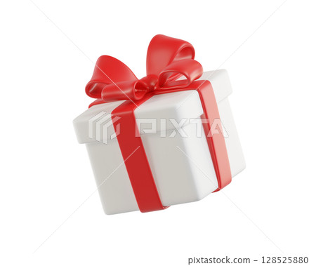 3D rendering White gift box with a red bow. A stylized icon perfect for holiday, birthday, or Christmas. Ideal for greeting cards and promotional materials. 128525880