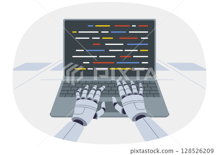 Hands of robot programmer typing code into laptop thanks to development of artificial intelligence Hands of robot programmer typing code into laptop thanks to development of artificial intelligence 128526209