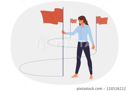 Business woman walks path to success and inserts winner flags on way to achieving professional goals Business woman walks path to success and inserts winner flags on way to achieving professional goals 128526212